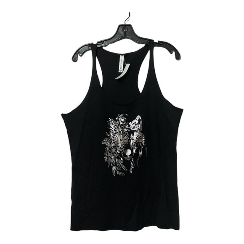 Bella Canvas Womens Grey Racerback Tank Top with Silver Wolf Flower Design Size